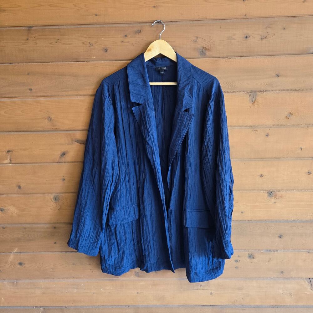 J. Jill Wearever Crinkled Open-Front Blazer 3X Navy Blue Notch Collar Pockets - Picture 2 of 5